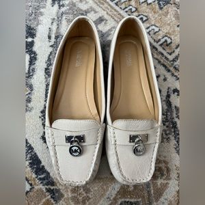 Michael Kors White/Off White leather moccasins w/silver logo, size 9M/39M